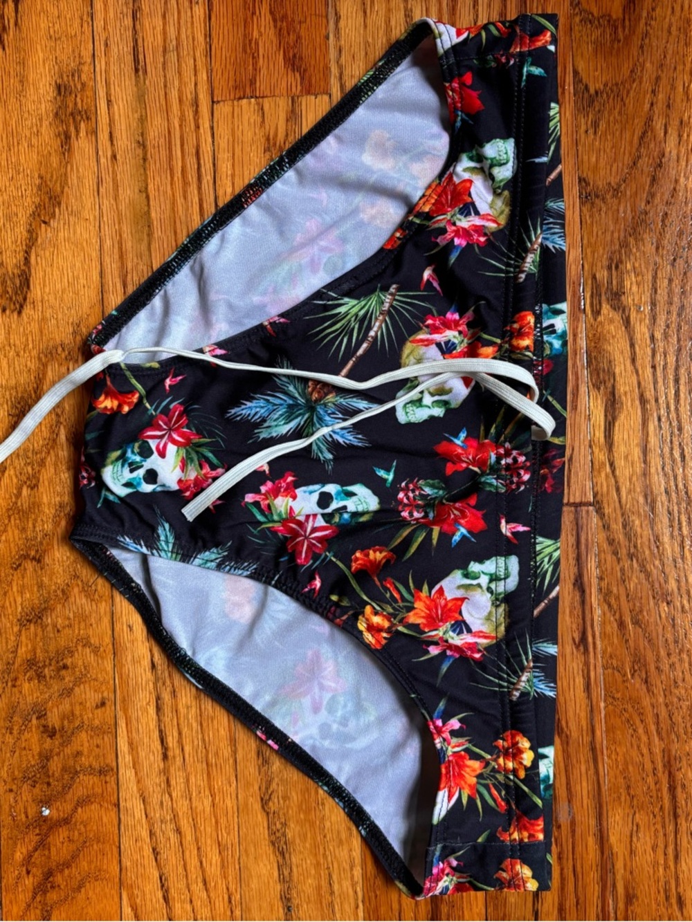 Men's Black Floral Skull Swim Trunks with Drawstring